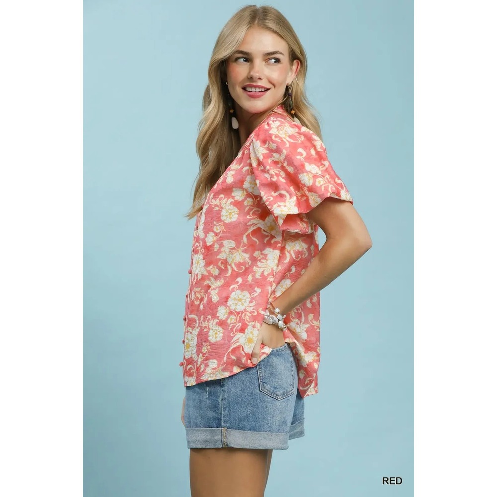 Umgee Floral Button-Front Short Sleeve Shirt Large - Picture 2 of 5